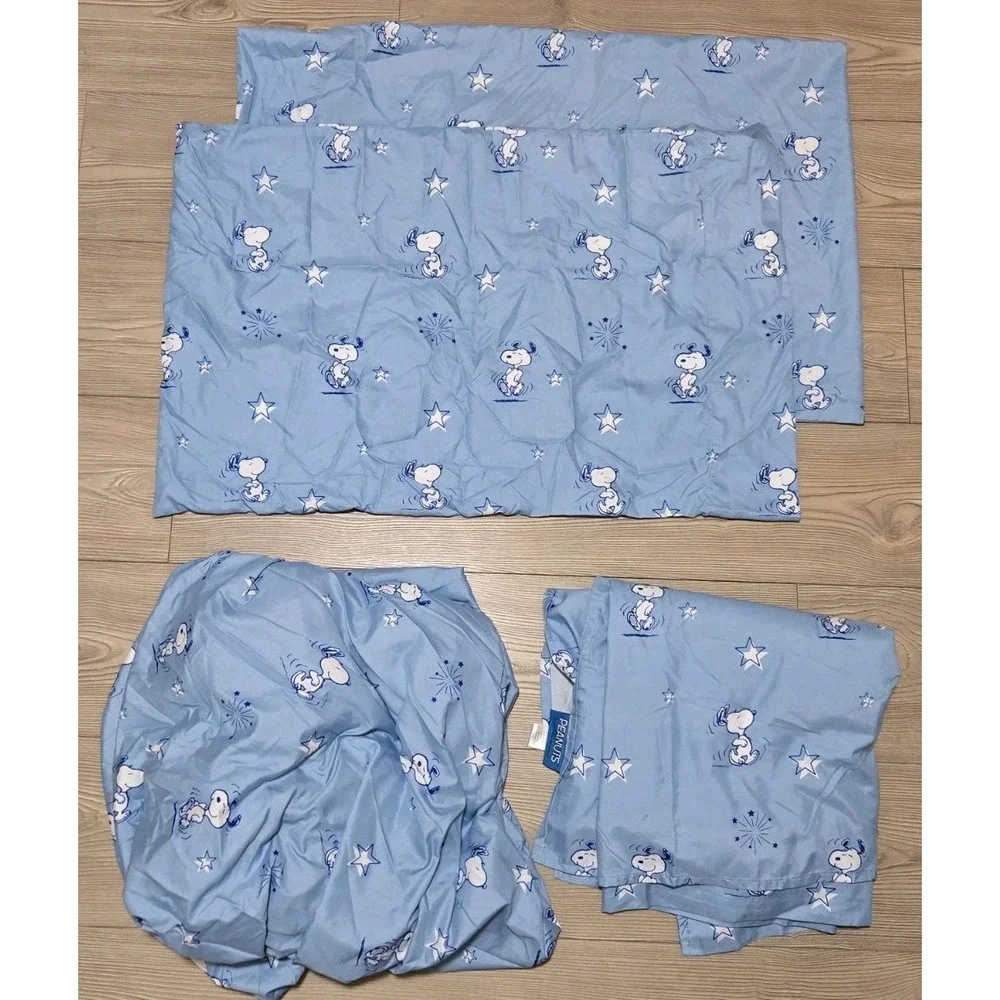 Berkshire Peanuts Snoopy Twin Blue Bed Sheet‎ Set Stars, 4 Pc Set Pillowcase
